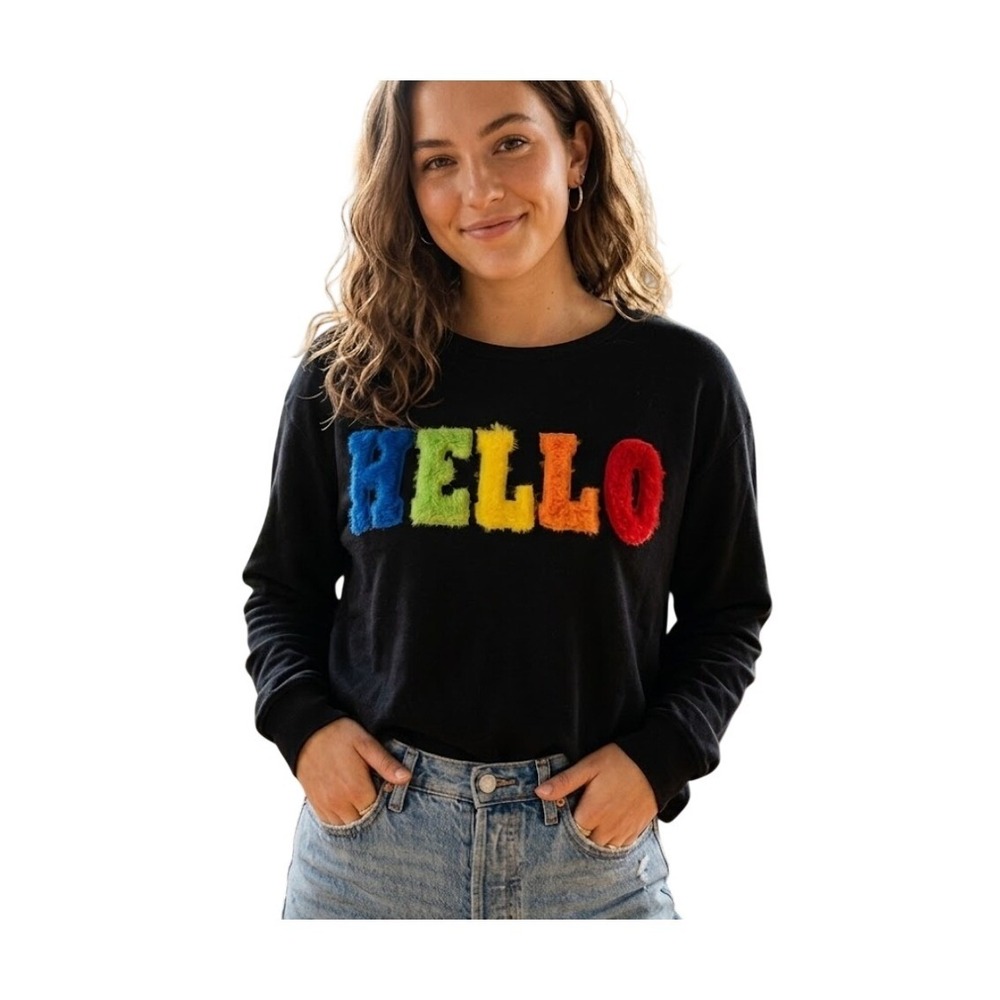 Enough About Me Rainbow Faux Fur Hello Tee Black Knit Crewneck Long Sleeve M